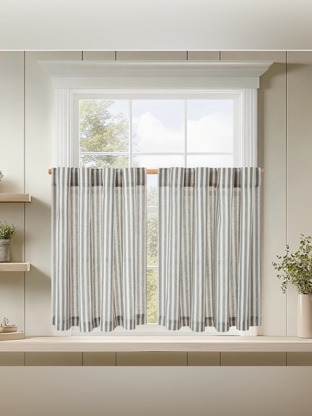 FARMHOUSE Striped Two-Tier Curtain Panels 38x45” (2-panels) Rod Pocket - GRAY